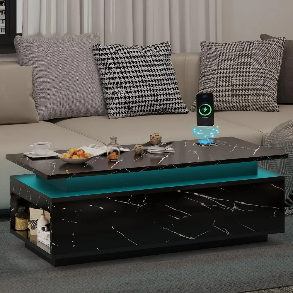 

LED Coffee Table with Storage, with Wireless Charging and Speaker, High Glossy Modern Center Table with 24 Color LED Lights