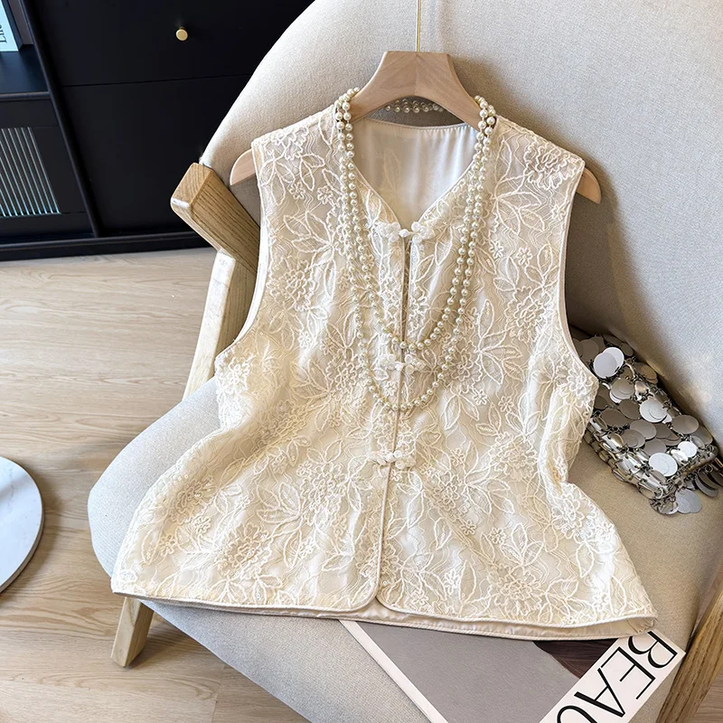 2026 New Chinese Style Vest Women Petite Sleeveless Summer Top V Collar Frog Buttons Elegant Short Cardigan