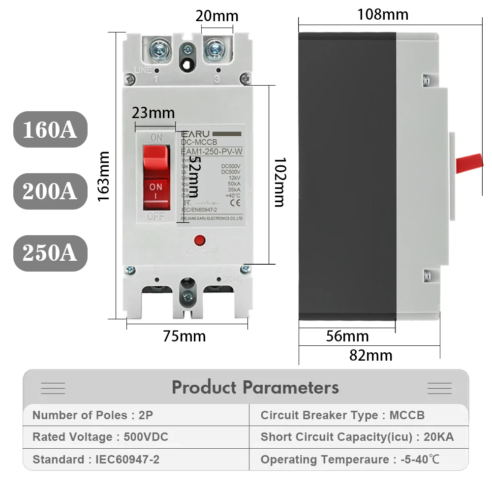 DC 250V 500V DC Solar Molded Case Circuit Breaker MCCB Overload Protection Switch Protector for Solar Photovoltaic PV 100A 125A