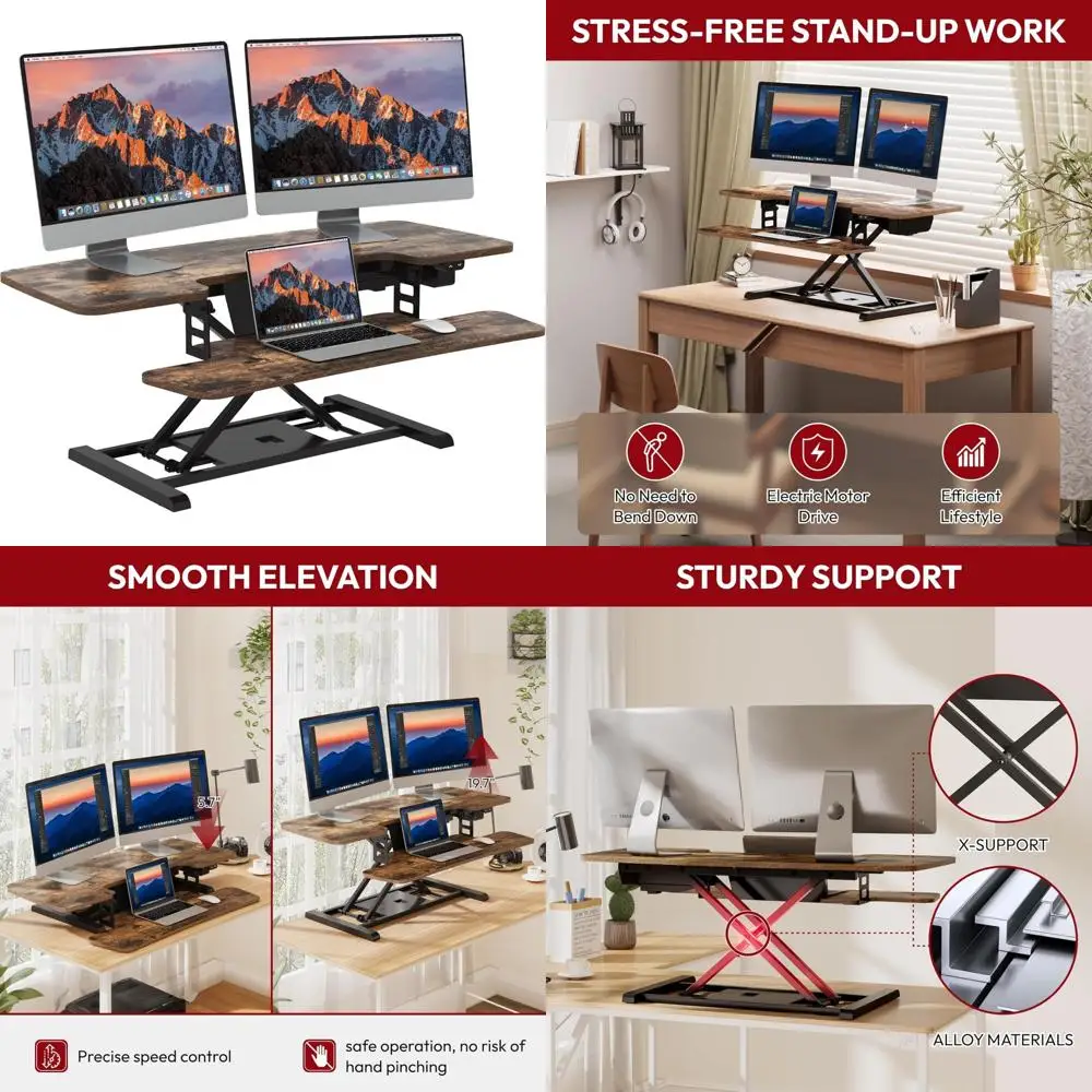 Electric Motorized Height Adjustable Standing Desk Converter 42 for Dual Monitors and Laptop, Ideal for Office and Home Use