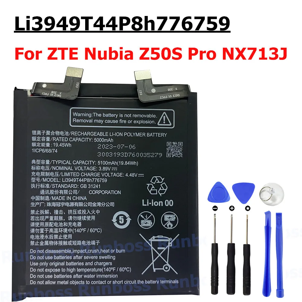 New Original Li3949T44P8h776759 5100mAh Battery for ZTE Nubia Z50S Pro NX713J Mobile Phone 1ICP6/68/74