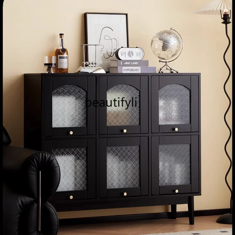 F Solid wood bookcase living room low cabinet glass door display black sofa storage locker retro