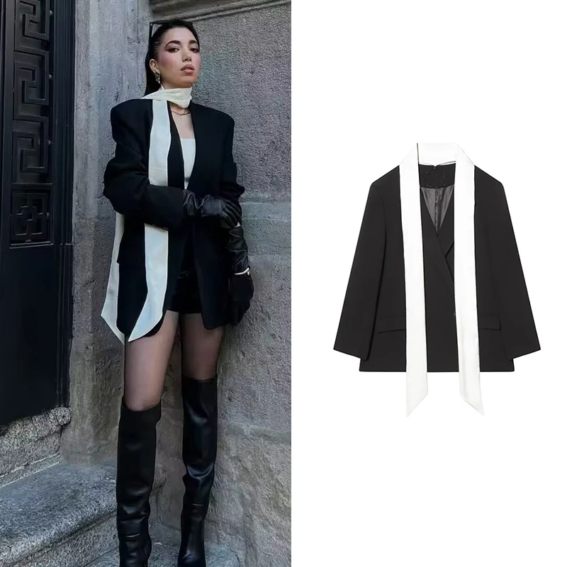 

Casual Temperament Simple color Matching Scarf Detachable suit Jacket Female Chic Lapel Double-breasted Loose Coat Female 2025 S