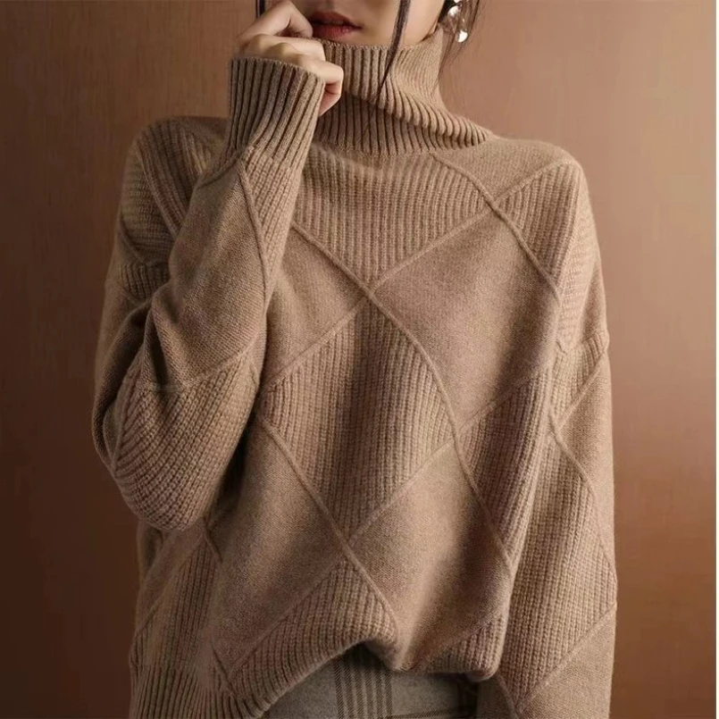 

High Neck Sweater Women's New Autumn and Winter Korean Version Spliced Loose Sweater Knitted Sweater Top