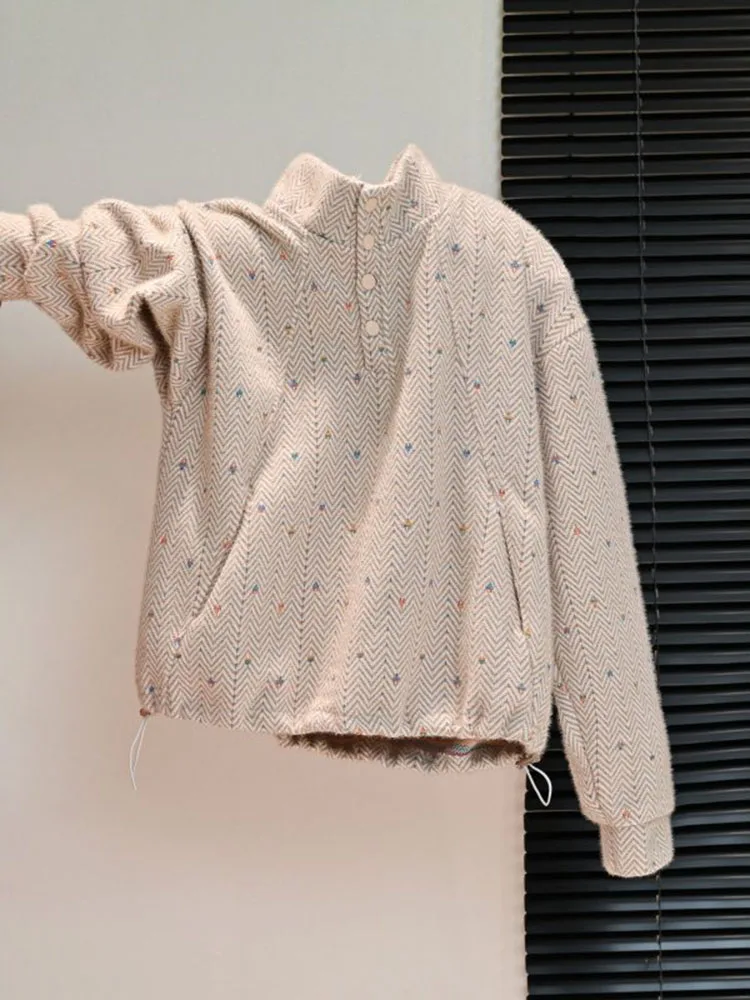 Fashion Embroidery Women Sweatshirt Autumn Lazy Style Loose Stand Collar Long Sleeve Pullovers Chic Drawstring Design Casual Top