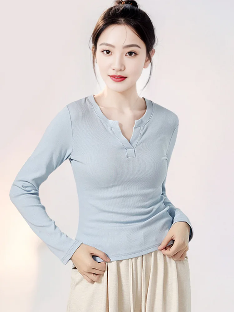 솔리드 컬러 V 넥 긴 소매 슬림 피트 탑 여성용, 현대 무용 훈련, 발레 연습, 무대 공연 착용