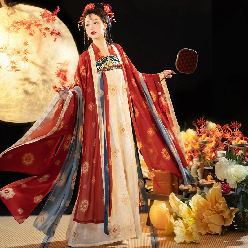 

HF002 Элегантный комплект Tang Hanfu — юбка до груди + топ с широкими рукавами для праздничных мероприятий