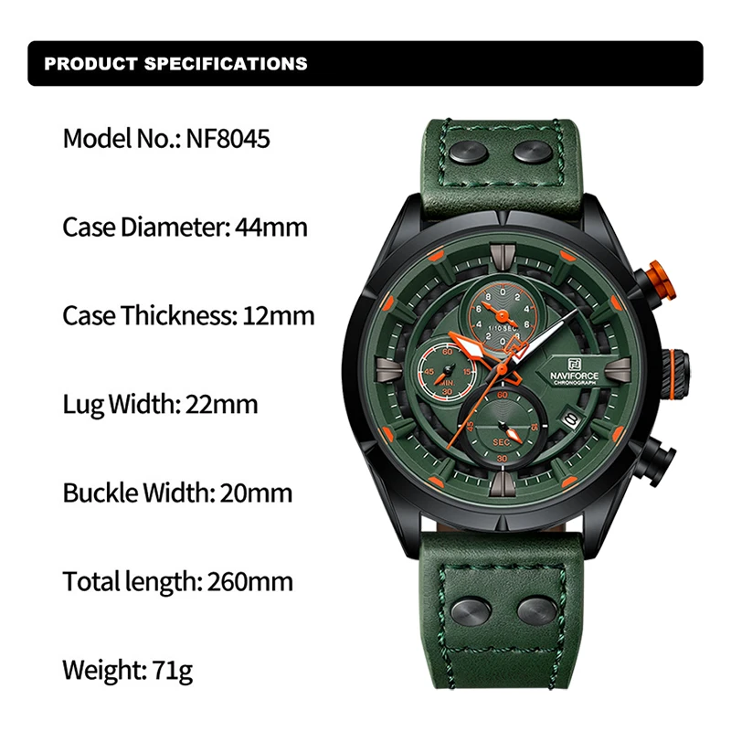 NAVIFORCE Luxury Man Chronograph Genuine Leather Trend Sport Water Resistant Watches for Men Quartz Date Display Male Wristwatch