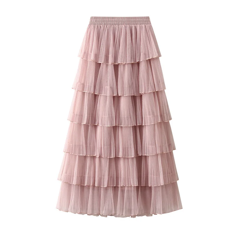 

2025 Women's Spring Summer Mesh Elegant Cake Long Skirt Female Solid Color A-line High Waist Tutu Skirts