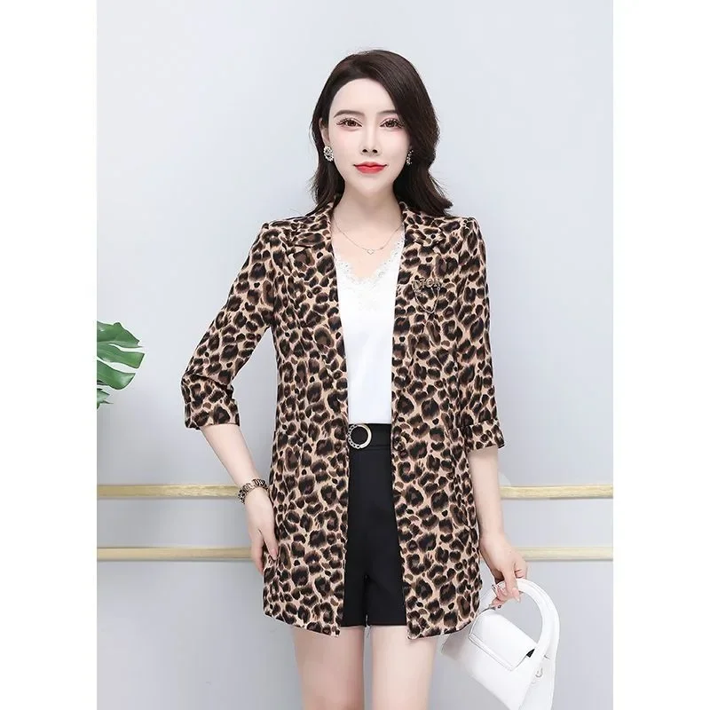 Three-Quarter Sleeve Leopard Print Small Suit Spring Summer New Women\'s Mid-Length Casual Waist Tight Blazer Fashion Slim Jacket