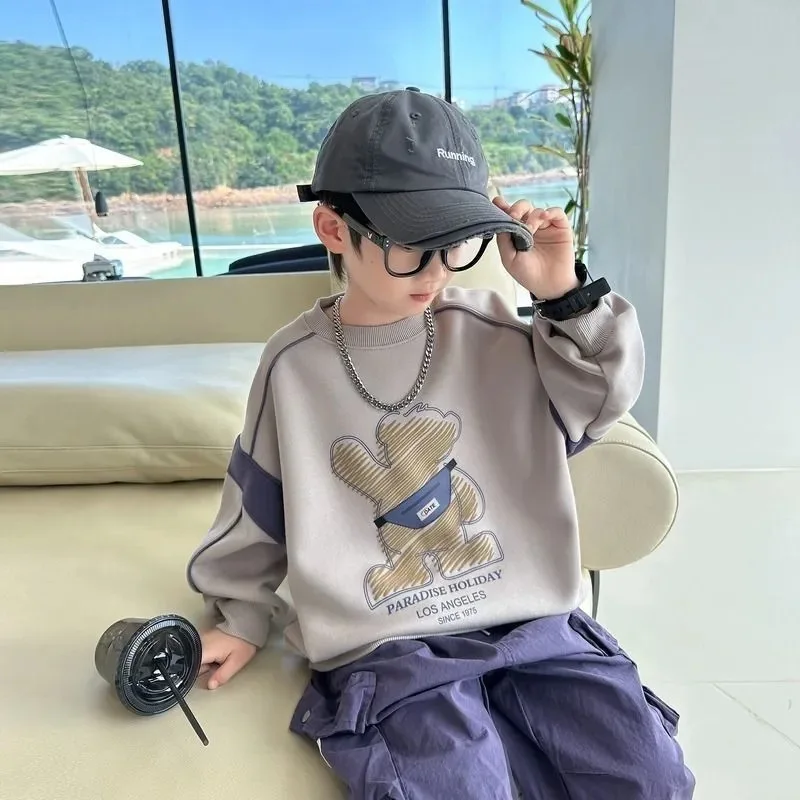 Spring Autumn Boys Cotton Loose Grey Cartoon Bear Sweatshirt School Kids Track Pullover Tops Children Workout Jumper 5-16 Years