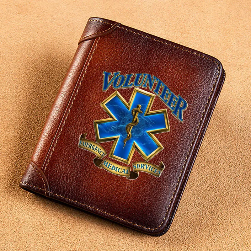 High Quality Genuine Leather Wallet Emergency Medical Services Volunteer Badge Printing Card Holder Male Short Purses BK514