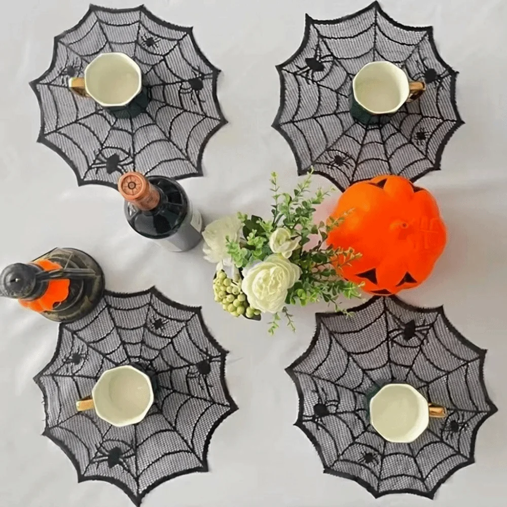 30cm Spider Web Placemats Polyester Heat Insulation Spider Web Table Mat Hollow Out Halloween Placemats Dinner Table Decoration