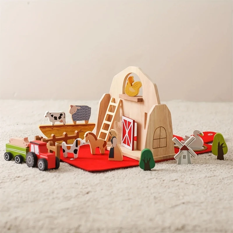 18Pcs Farm Animals Barn Toys Wooden Montessori Stacking For Toddlers Red Barn Toys Farm Pretend Playset Birthday Gift