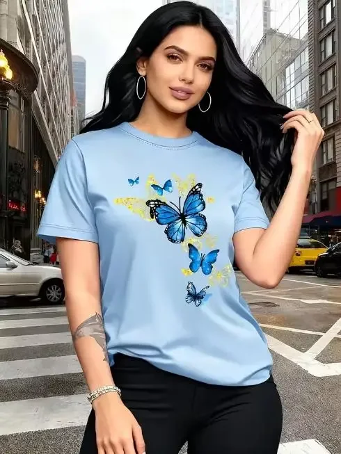 Women Crew Neck Short Sleeve T Shirt Watercolor Butterfly Graphic Print Casual Summer Basic Tees Ladies Daily Wear Tops