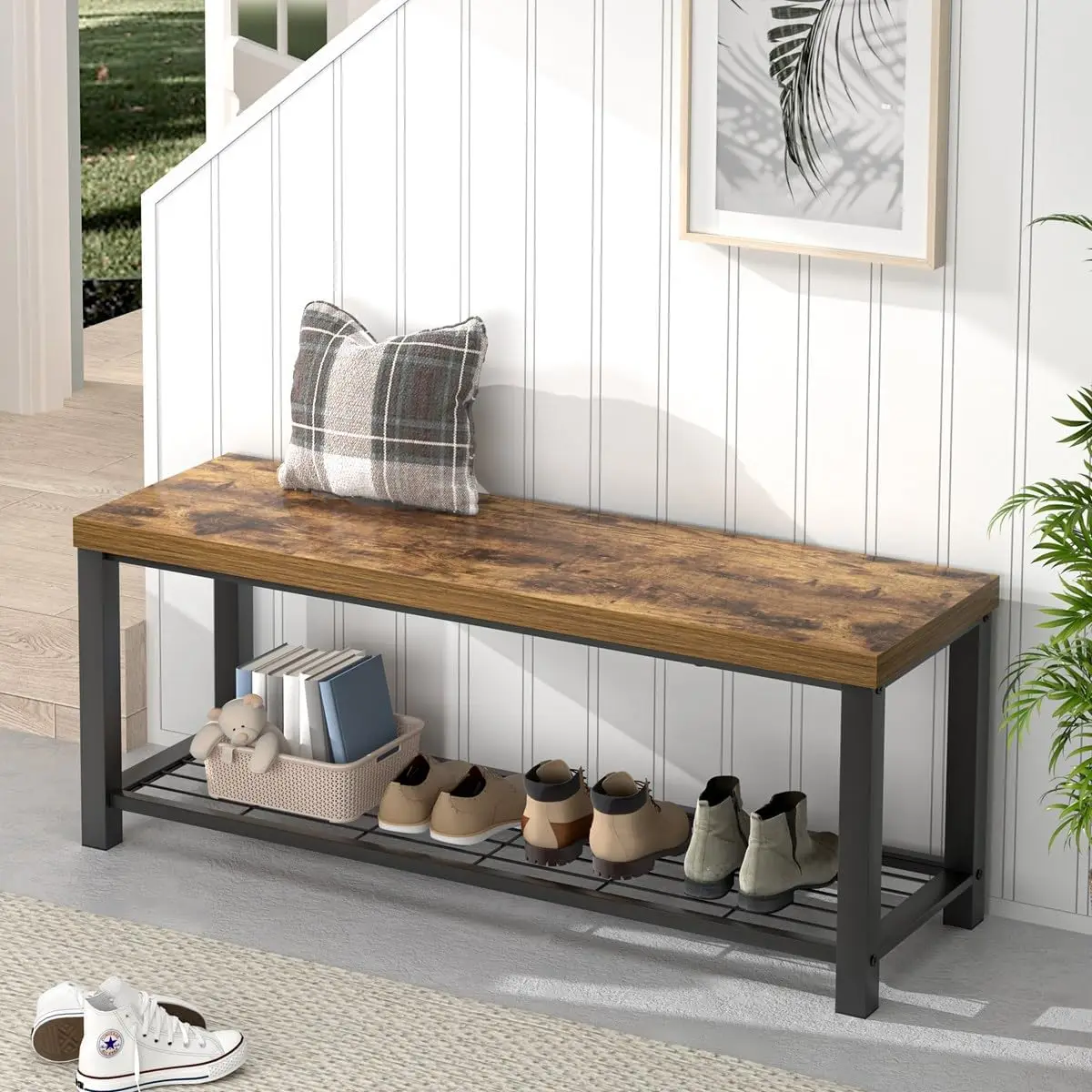 Excefur Entryway Bench, Modern Wood And Metal Storage Bench For Hallway Front Door Entrance, Industrial Indoor Shoe Rack Bench