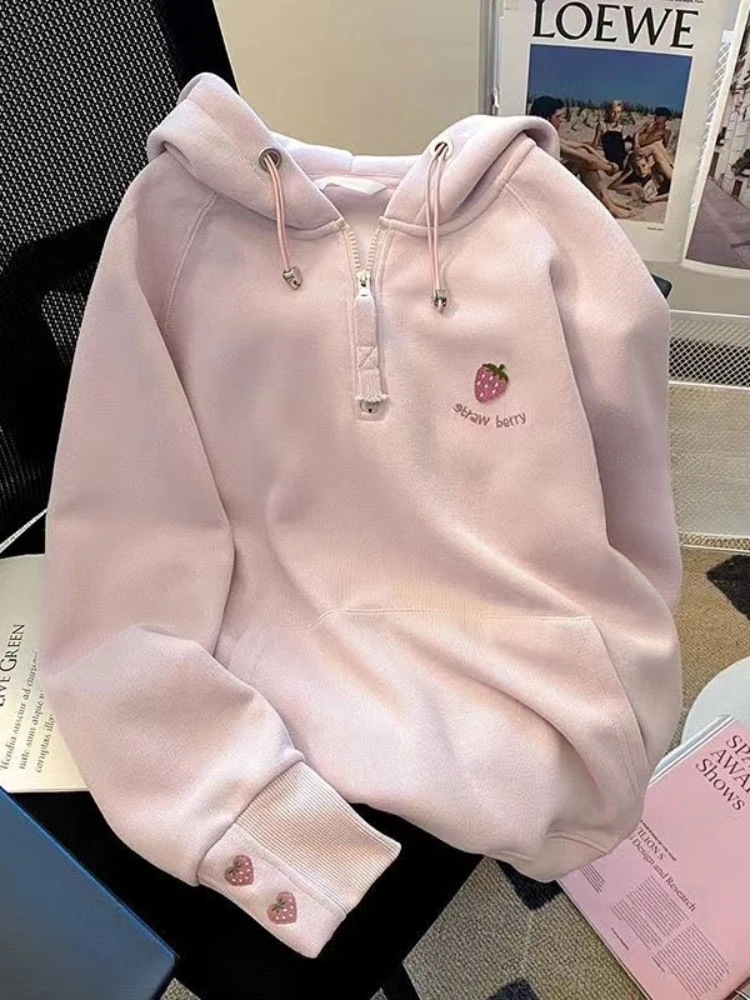 Oversized Hoodie Cartoon Embroidery Half Zipper Sweatshirt Sweet Casual Tops Female 2024 Spring Autumn Clothing.