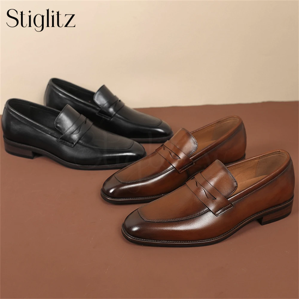 

Calfskin Loafers for Men Black Brown Polished Genuine Leather Handmade Shoes Comfortable Soft Leather Slip-On Business Men Shoes