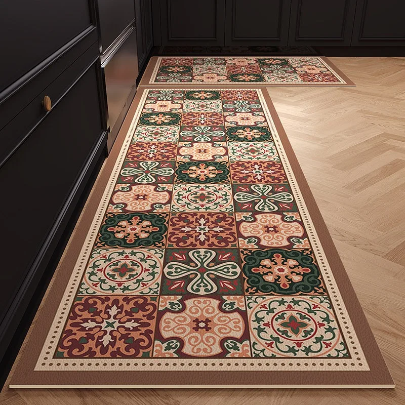 American Retro Kitchen Floor Mat Anti-slip Rug Oil-proof Waterproof Foot Mats PVC Leather Free Cut Rugs Balcony Carpet 주방매트 바닥매트