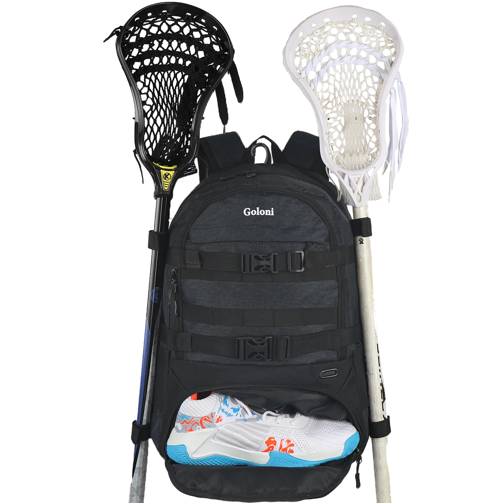 Large Lacrosse Equipment Backpack with Two Sticks holder and Separate Cleats Compartment Field Hockey Bag