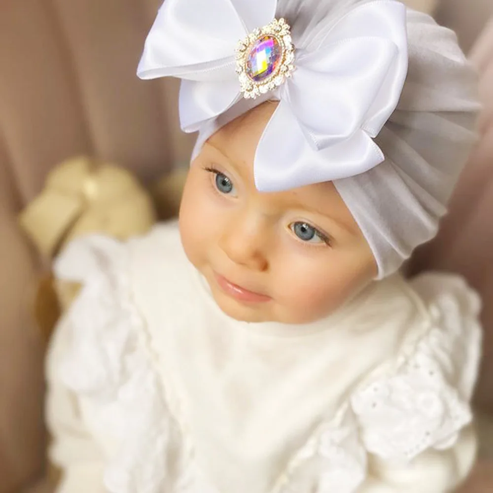 New Bling Rhinestone Bowknot Baby Turban Solid Color Infant Indian Hat Soft Cotton Girl Caps Fashion Handmade Bows Headwear 0-2Y