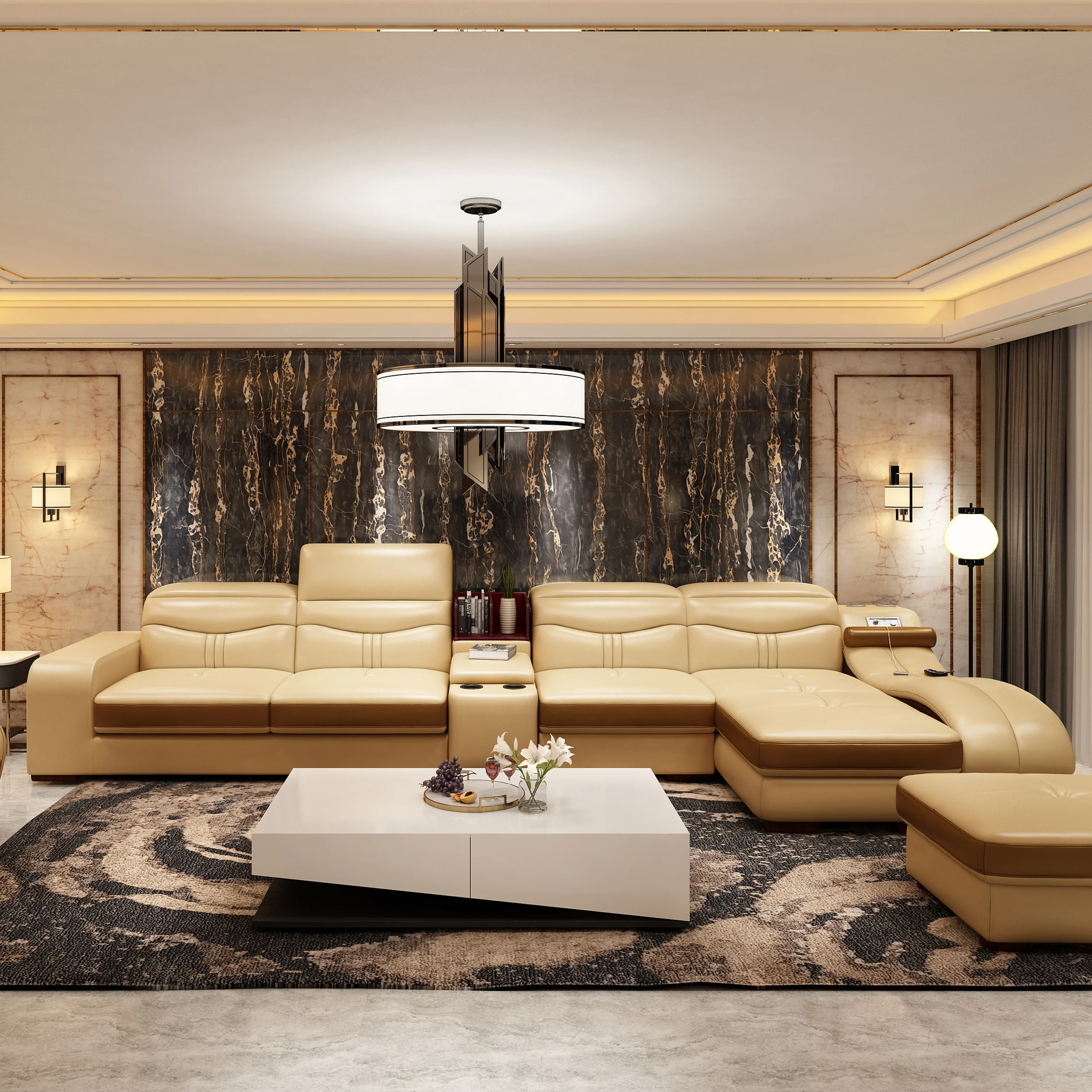 

-Stylish Italian Genuine Leather Sofa For Living Room With Cup Holder, USB, Adjustable Headrests & Bluetooth Speaker