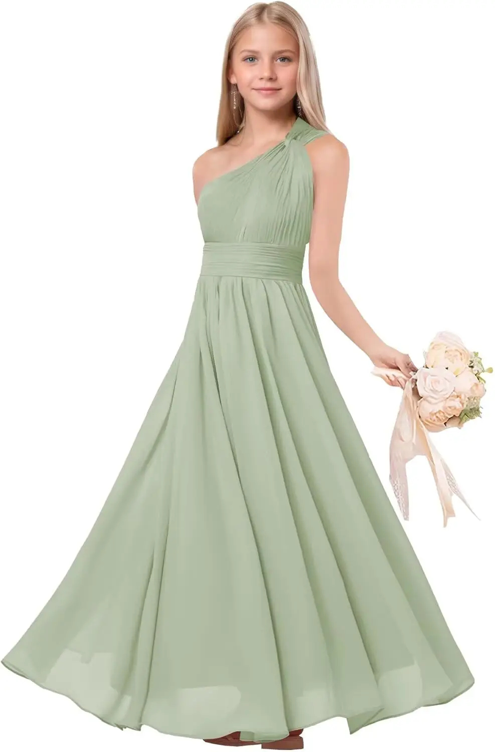 A-Linie One-Shoulder-Kleider für junge Brautjungfern, plissiertes Chiffon-Blumenmädchenkleid für die Hochzeit, Festzugskleid für Teenager-Mädchen