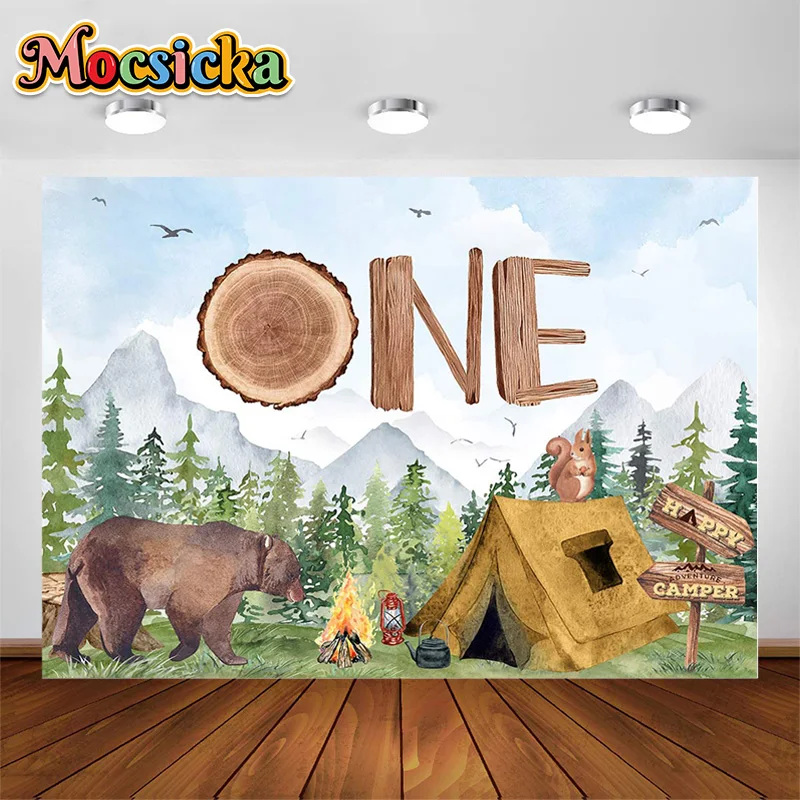 

Forest Camping Birthday Backdrop One Happy Camper Birthday Decorations Boy's Adventure 1st Happy Camper Birthday Party Supplies