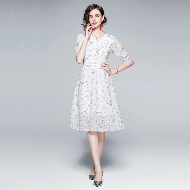 2025 Summer New V-neck Lace Embroidered Chiffon French Palace Style Floral Long Dress Office Lady Skirt dress for women