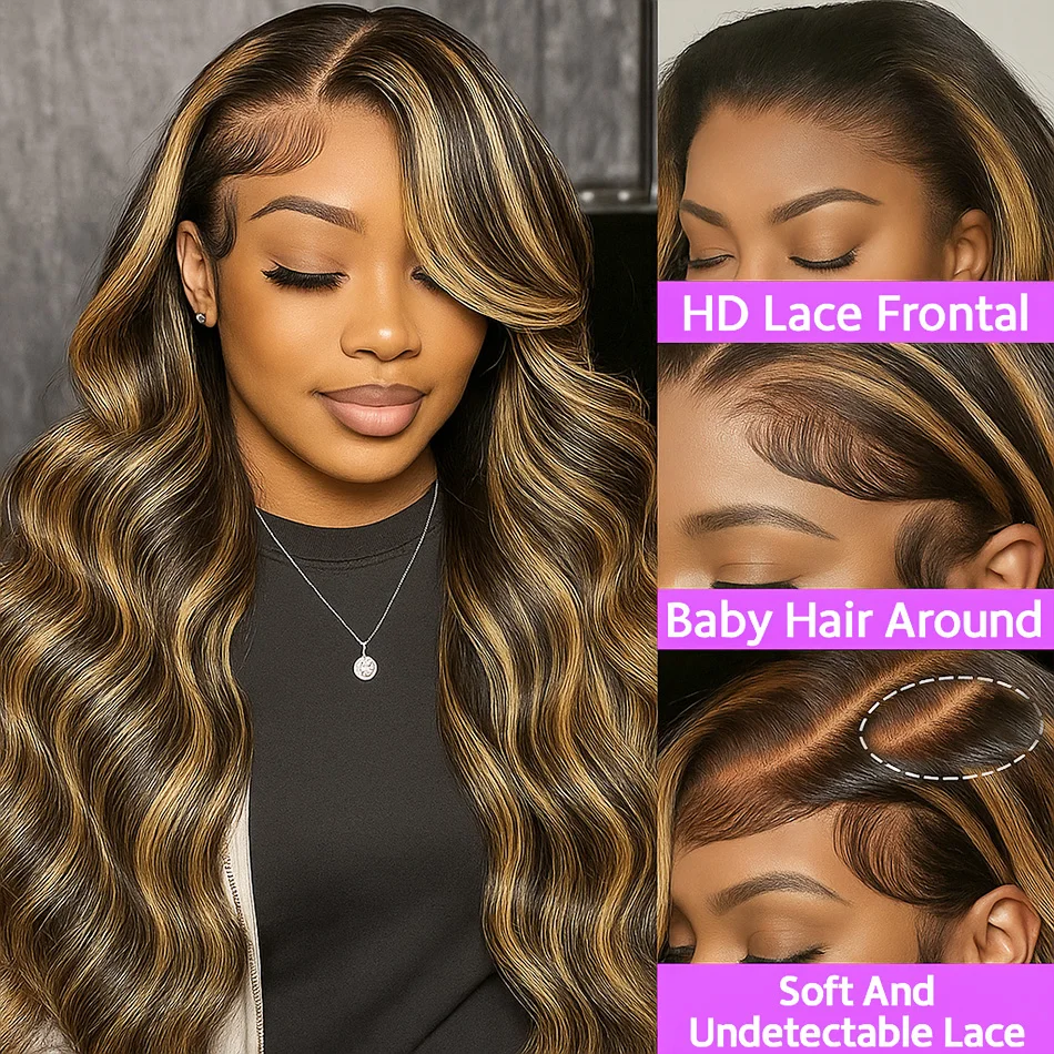 Ombre P4/27 Body Wave 13x4 HD Transparent Lace Frontal Human Hair Wig 30 Inch Highlight Honey Blonde Colored Lace Front Wigs