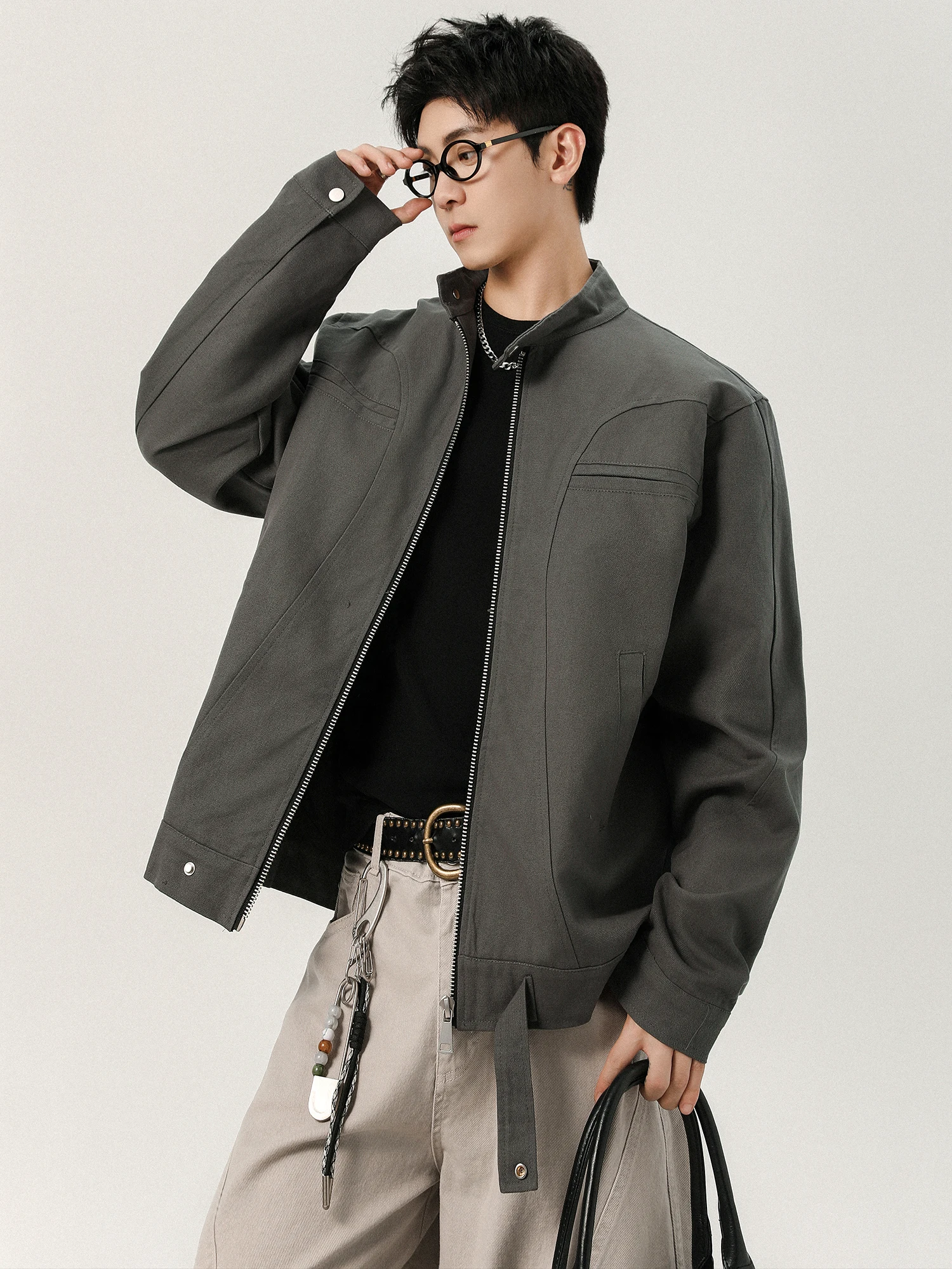 

American Sle Harlandon Men's Work Jaet ort Waed Stand Collar Splicing Outerwear Retro Autumn Faion Brand