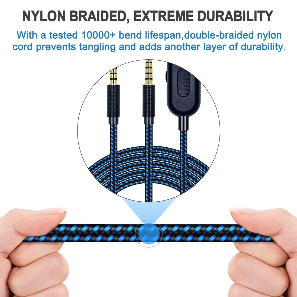 게이밍 헤드셋용 편조 교체 케이블 연장 코드, 마이크 포함, 음소거 볼륨 조절 클립, 로지텍 G433 G233 G Pro X, 2.0M