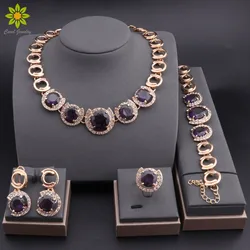 Fashion Dubai Women Gold Color Jewelry Sets Purple Necklace Earrings Bracelet Ring Sets Party Gifts