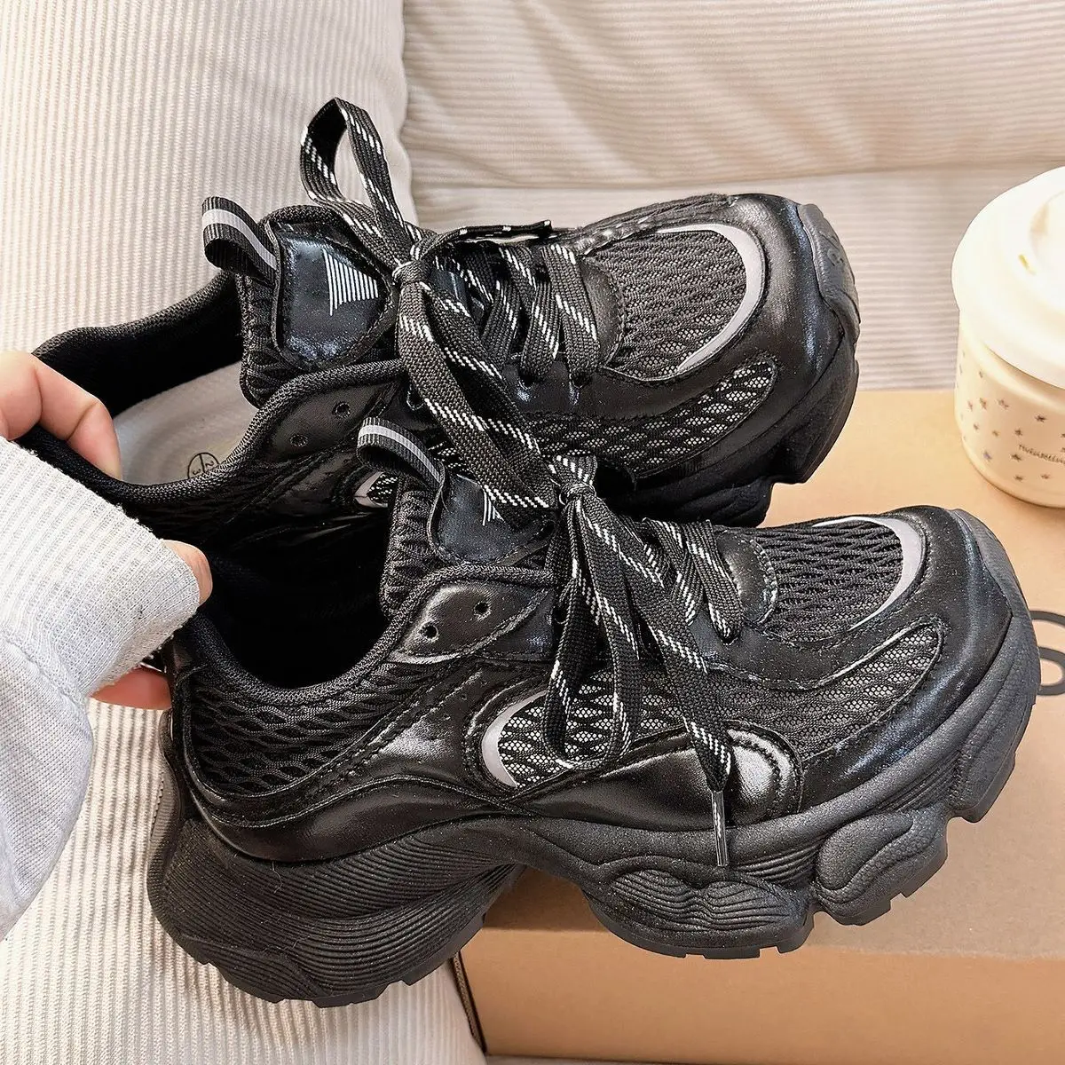 

2026 New Arrivals Women's Platform Dad Sneakers Thick Sole Mesh Breathable Casual Shoes All-match Lightweight White Board Shoes