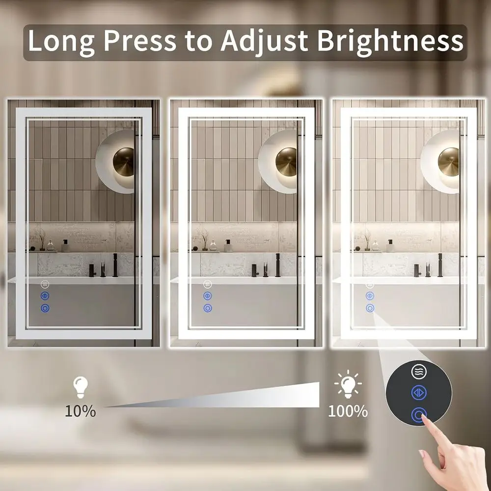 Espejo de baño regulable con iluminación LED de 30x36, antivaho, retroiluminado y iluminado frontal, espejo de tocador de vidrio templado con 3 opciones de color