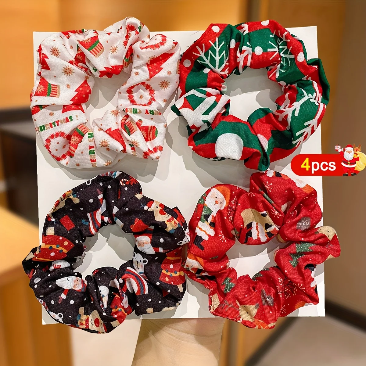 4Pcs Hair Ties Christmas Themed Scrunchies, Mixed Patterns in Red, Black, Green, and White, Christmas Gift Hair Accessories Versatile Hair Ties