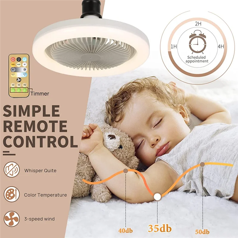 Ventilador de teto HGHO 30W com lâmpada de iluminação Base conversora E27 com controle remoto para quarto e sala de estar