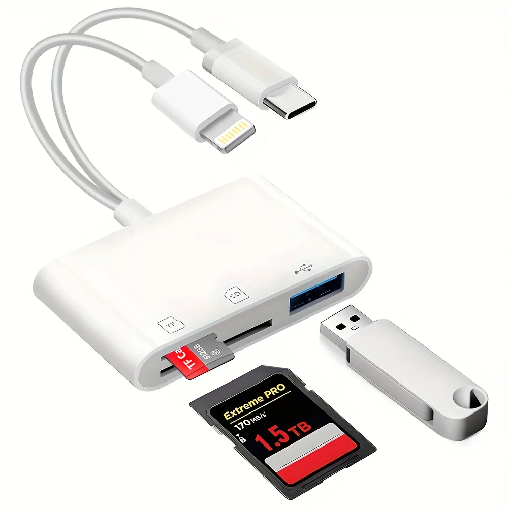 5-in-1 Card Reader Lightning /Type C to USB 3.0/SD/TF Card Adapter, Memory Card Reader for iPhone iPad MacBook Samsung Android