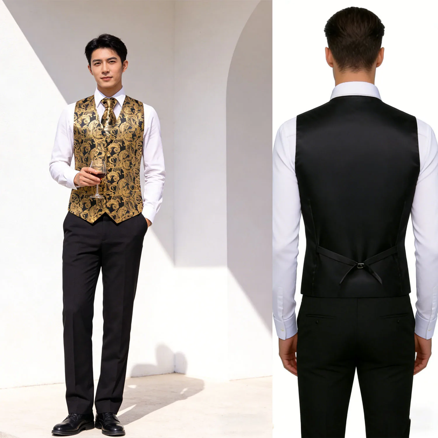 

Мужской роскошный жилетный комплект из черного золотистого жаккарда с узором пейсли – включает галстук и платок для кармана, идеально подходит для свадеб, выпускных вечеров и официальных мероприятий.
