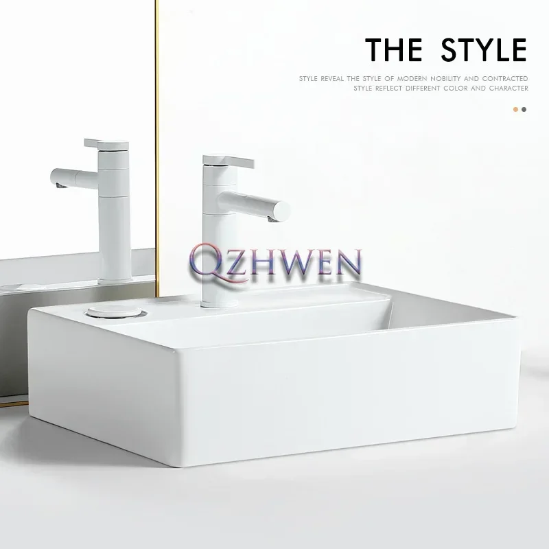 Lavabo de cerámica para baño, lavabo cuadrado de 50cm/59cm con plataforma de drenaje controlada, color blanco