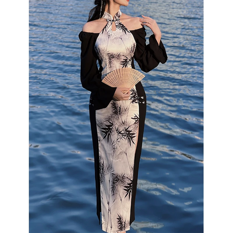 Dress Polyester Women's New Chinese Style Improved Bamboo Shadow Printed Long Sleeve Slit Buckle off-Shoulder RetroSpring Autumn