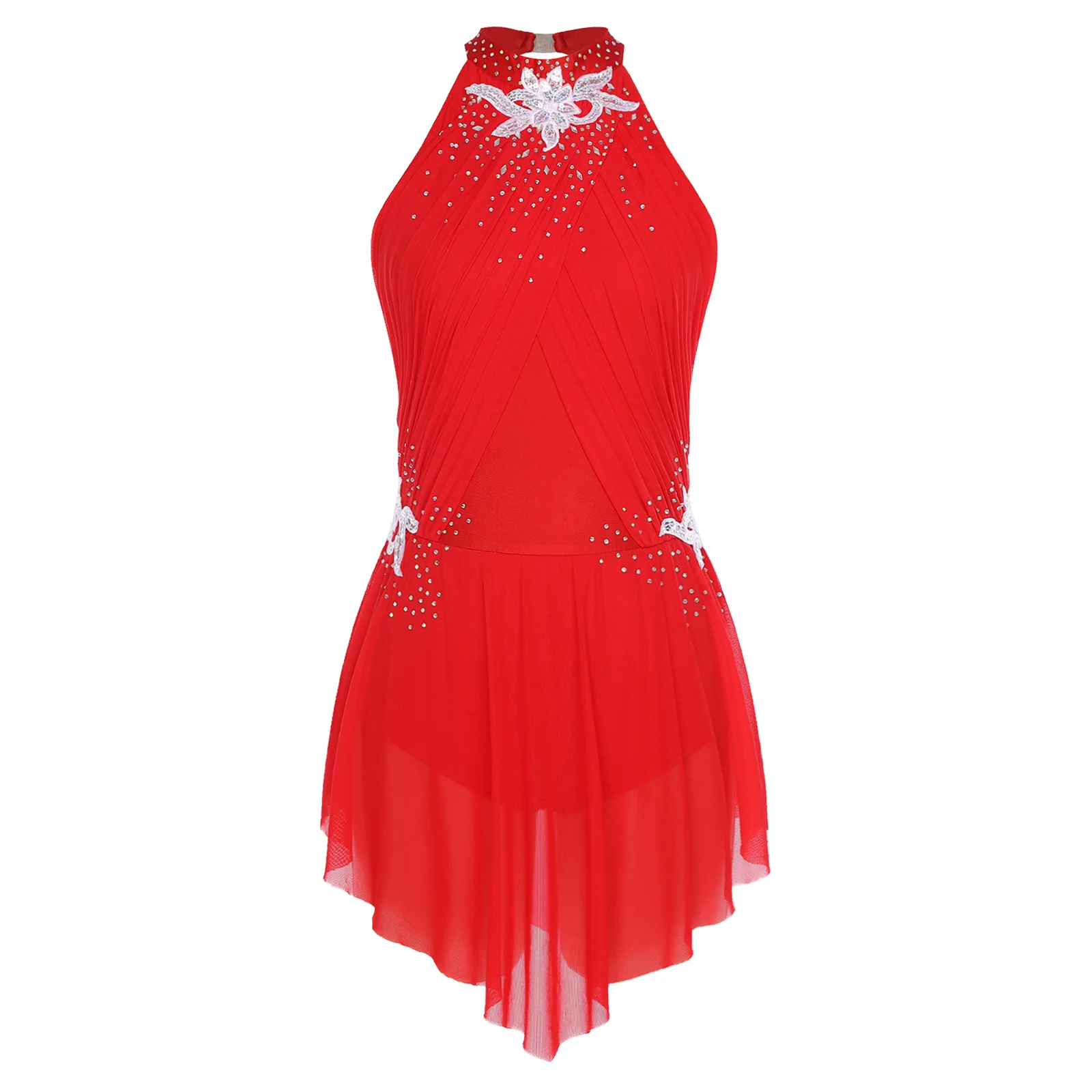 

Womens Rhinestones Embroidery Figure Skating Dress Ruched Mesh Layering Ballet Leotard Dress for Gymnastics Lyrical Dance Outfit