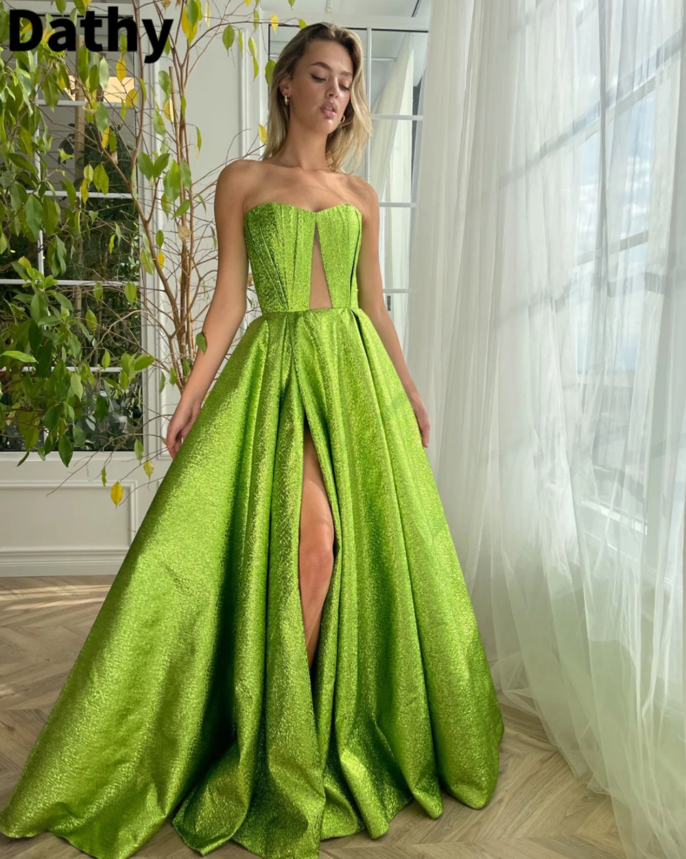 Dathy vestido de Gala de Limeade verde, escote en forma de corazón, ahuecado, seda forjada, abertura alta, vestidos de noche para mujer