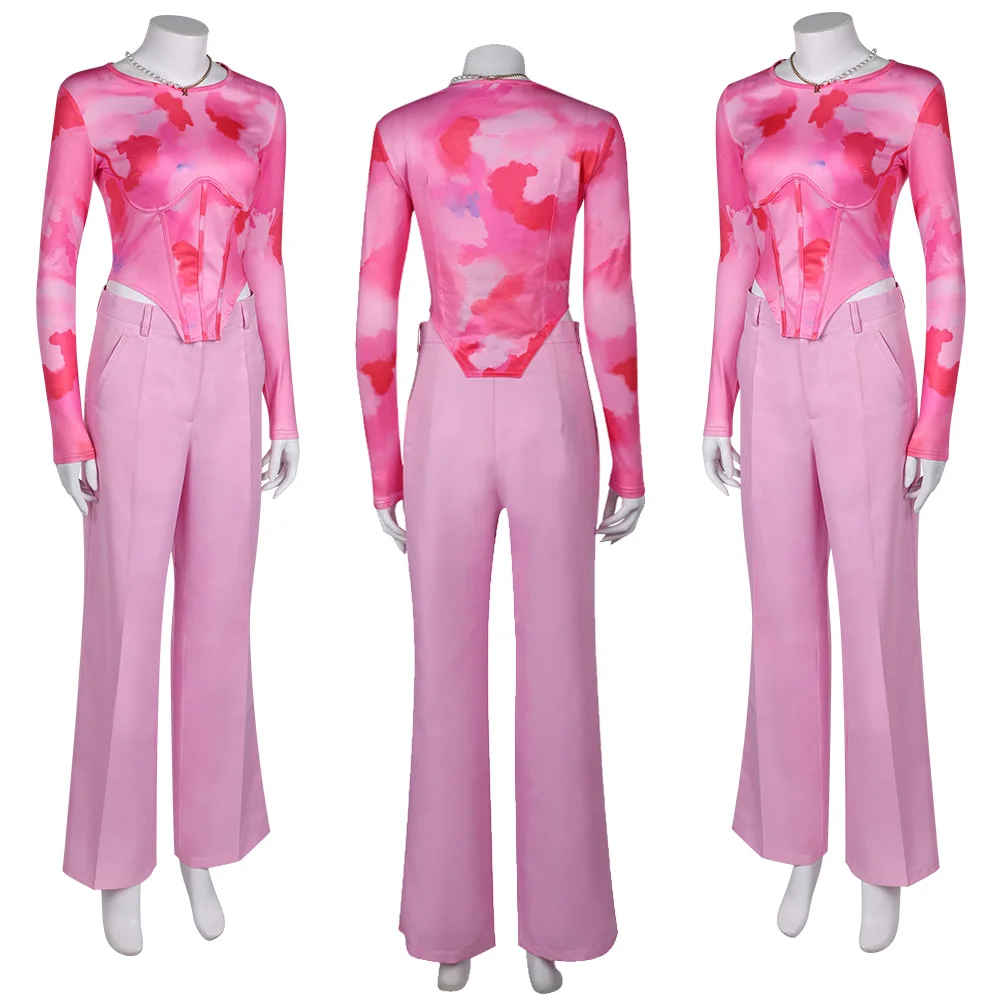 Regina Cosplay Pink Top Pants Set Outfits 2024 Movie Mean Girls Disguise Necklace Costume Women Female Halloween Roleplay Suit