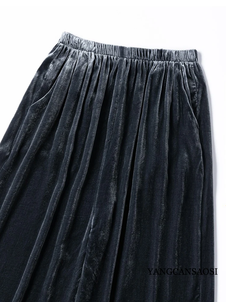 Women's Fashion Autumn Clothing Skin Friendly 30% Natural Mulberry Silk Velvet Dark Gray Retro Versatile Straight Leg Pants