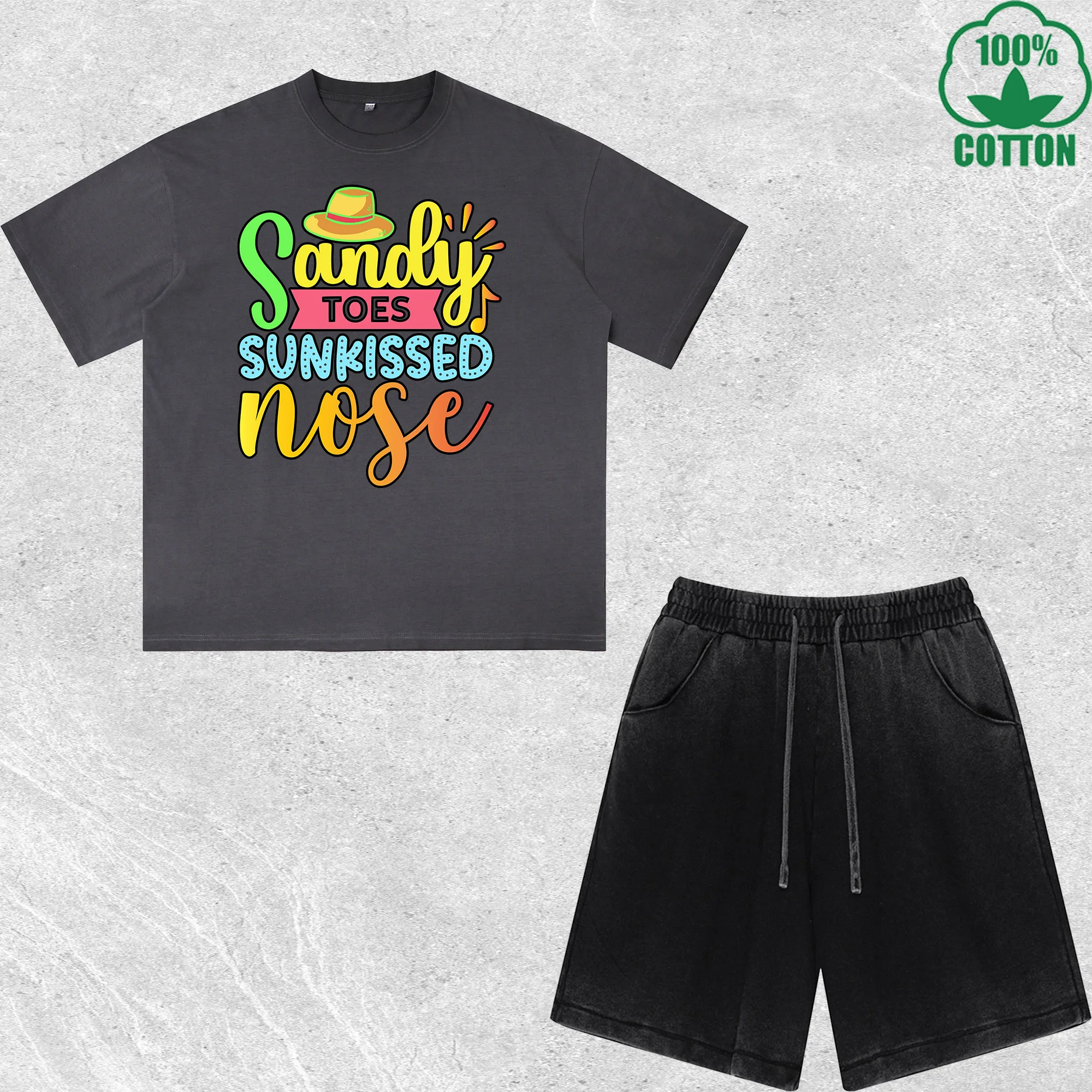 

Sandy Toes Sunkissed Nose Printed Dirty Wash T-Shirt Shorts Set Multicolor Combo Loose Trendy Fashionable 100%Cotton