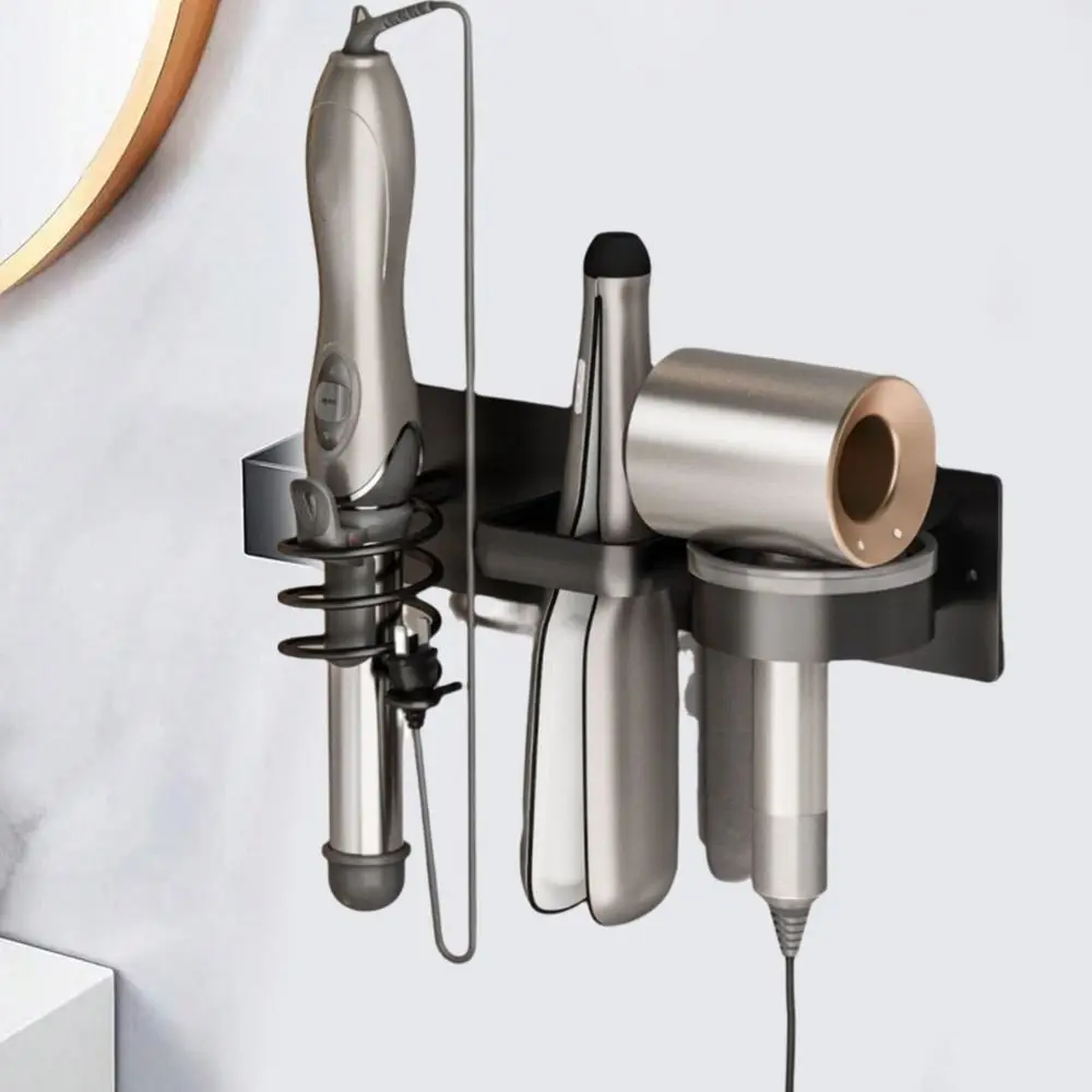 

Aluminum Hair Dryer Holder Wall Mounted 3 in 1 Hair Straightener Holder Rustproof Space Saving Curling Iron Shelf Bathroom