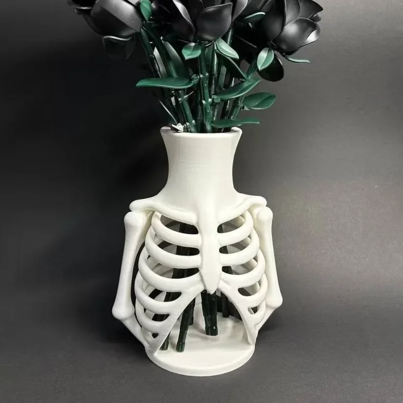 3D Printed Skeleton Bone Vase Warm White Skull Rib Cage Flower Holder Halloween Desk Home Room Decoration Craft Gift Ornament