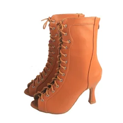 High Quality Customized Brown Latin Dance Shoes Open Toe High Heel Stiletto Boots Slim Heel 8.5cm/10cm Lace Up Dance Boots