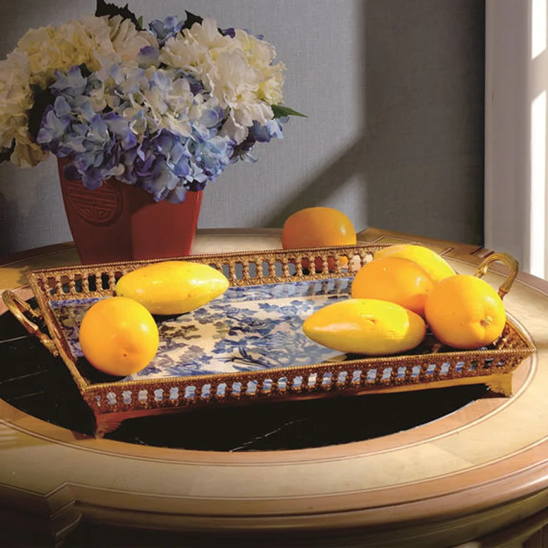 صينية فواكه بمقبض نحاسي على كلا الجانبين، صينية تزيين منزلية باللون الأزرق والأخضر 550*350*105 نحاس